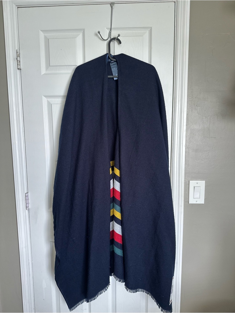 Tommy Hilfiger Navy Poncho with Multicolor Stripe Trim